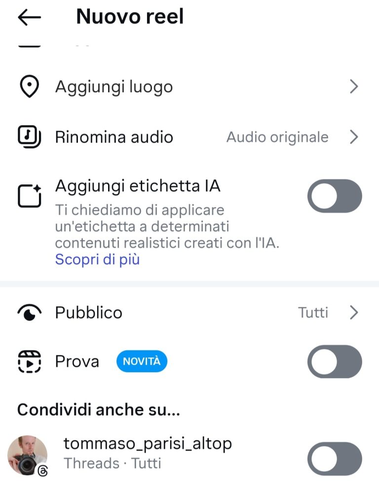 Funzione di prova per i reel Instagram